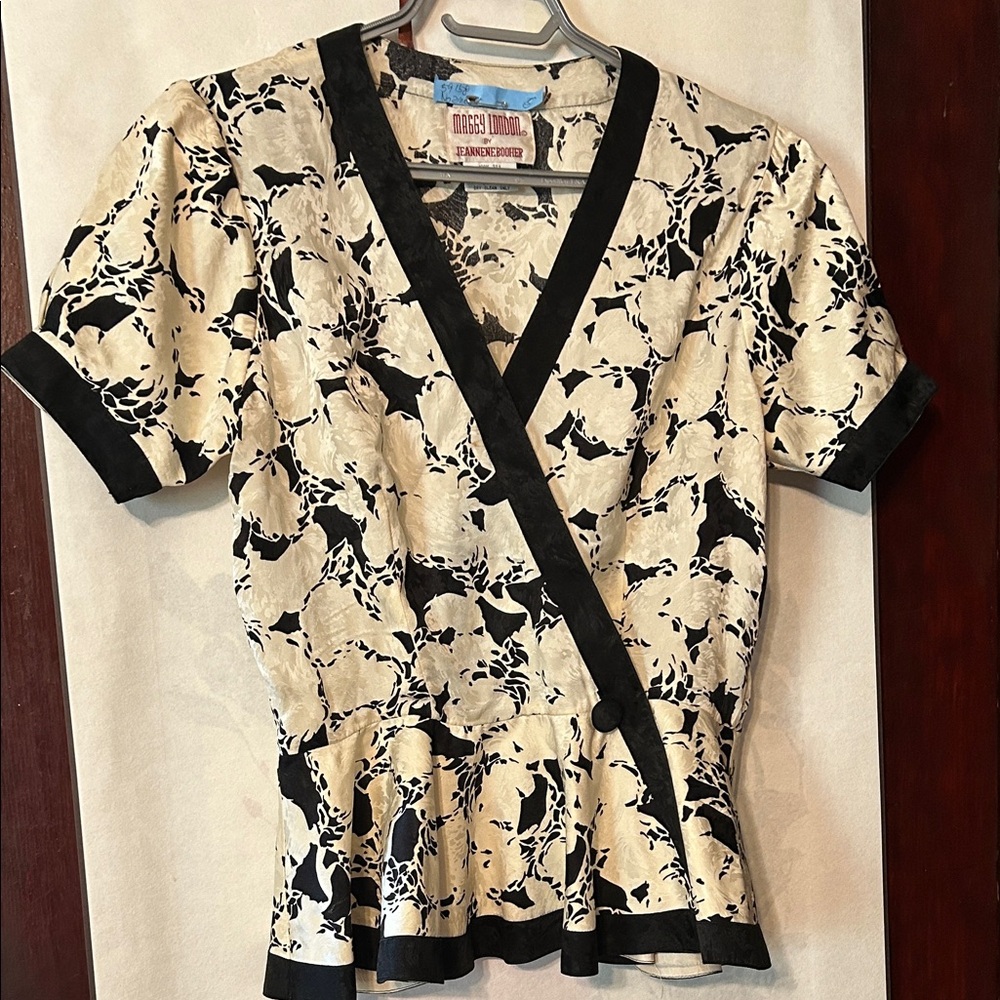 Vintage Maggy London 100% Silk Black and Cream Floral Blouse, Small, Dry Cleaned